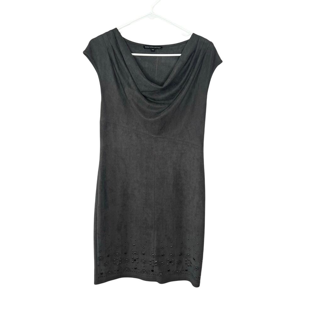 Saks Fifth Avenue Faux Suede Studded Hem Draped Neck Sleeveless Dress Gray 6